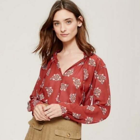 Loft Orange Floral Tie Neck Blouse | Size Small - Picture 7 of 7